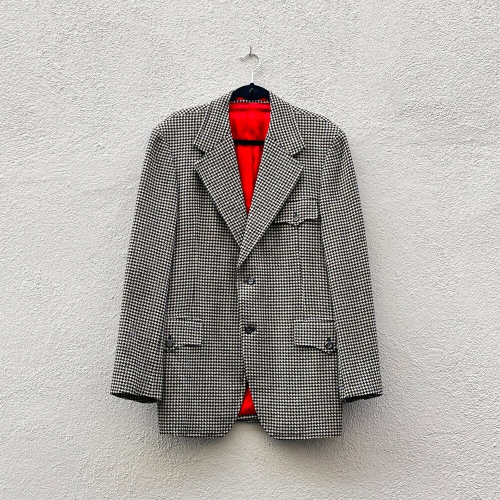Vintage 70's Lal's Clothing B&W Houndstooth Hand Tailored Jacket Blazer 42L